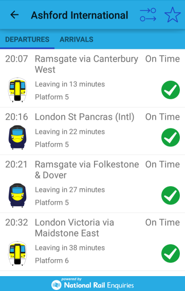 Departure Board showing Javelin Train